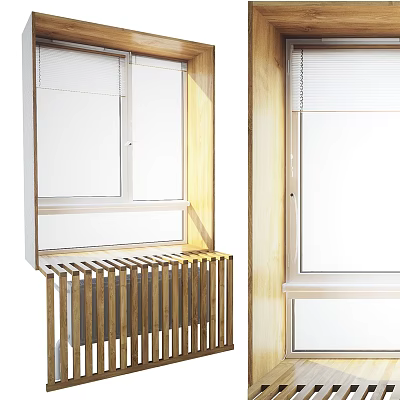 Wooden Frame Casement Window With White Panels And Roller Blinds Design View 3d model