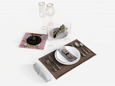 Elegant Dinnerware Set With Plates Cutlery Wine Glasses Napkins And Placemats 3d model