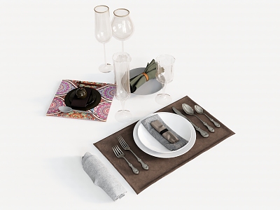 Tableware Plate Bowl Wine Glass Knife and Fork Goblet Glass Plate Table Cloth 3d model