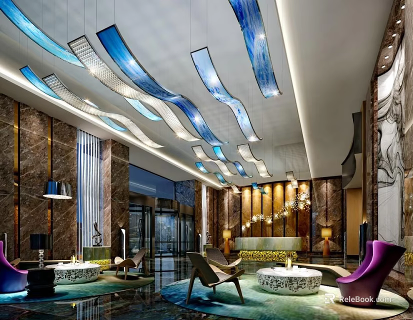 Stylish Hotel Lobby Interior With Modern Chandeliers Comfortable Seating And Reception Desk 3d model 