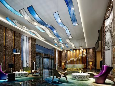 Stylish Hotel Lobby Interior With Modern Chandeliers Comfortable Seating And Reception Desk 3d model