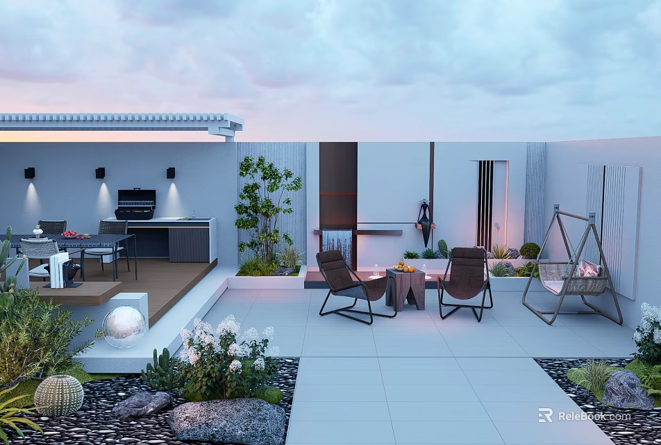 Courtyard Garden Design With Outdoor Lounge Chairs Patio Tiles And Lush Green Plants 3d model 