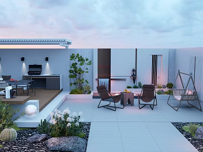 Courtyard Garden Design With Outdoor Lounge Chairs Patio Tiles And Lush Green Plants 3d model