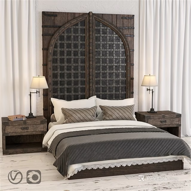 Cozy Double Bed With Wooden Lattice Headboard Nightstands And Table Lamps 3d model 