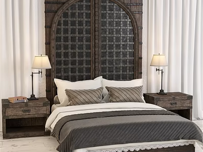 Cozy Double Bed With Wooden Lattice Headboard Nightstands And Table Lamps 3d model