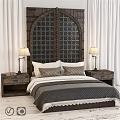 Cozy Double Bed With Wooden Lattice Headboard Nightstands And Table Lamps