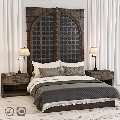 Cozy Double Bed With Wooden Lattice Headboard Nightstands And Table Lamps 3d model