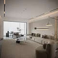 Modern Living Dining Room Interior With Beige Sofa Coffee Table And Floor to Ceiling Window