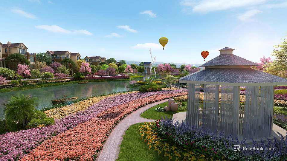 Scenic Garden Landscape With River Colorful Flower Fields Gazebo And Hot Air Balloons 3d model 
