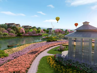 Scenic Garden Landscape With River Colorful Flower Fields Gazebo And Hot Air Balloons 3d model