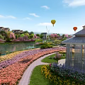 Scenic Garden Landscape With River Colorful Flower Fields Gazebo And Hot Air Balloons