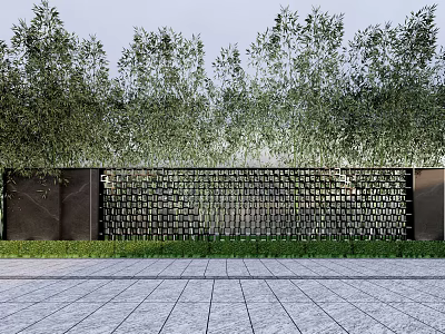 Modern Perforated Feature Wall Design With Green Trees Grass And Stone Pavement 3d model