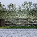 Modern Perforated Feature Wall Design With Green Trees Grass And Stone Pavement
