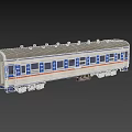 Blue White Red Striped Train Carriage With Multiple Windows And White Roof