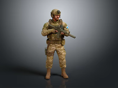 Military Soldier In Camouflage Uniform Holding Rifle With Tactical Gear 3d model
