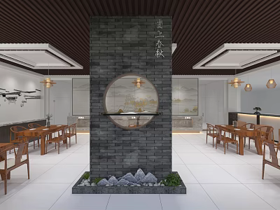 Chinese Style Restaurant Interior Design With Brick Wall Circular Window And Wooden Furniture 3d model