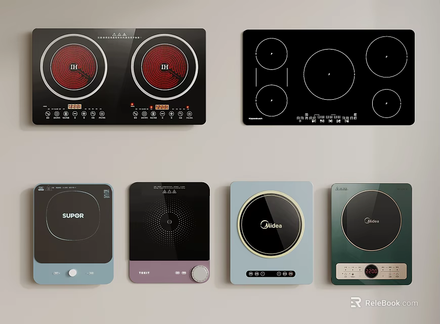 Various Electric Cooktops With Multiple Burners And Colorful Designs 3d model 