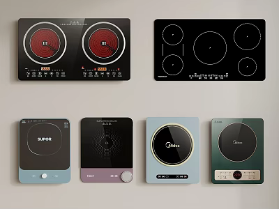 Various Electric Cooktops With Multiple Burners And Colorful Designs 3d model