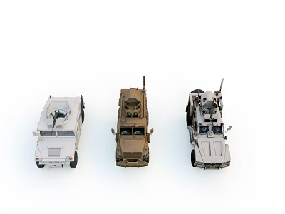 Three Functional Vehicles In White Brown And White With Antennas And Equipment 3d model