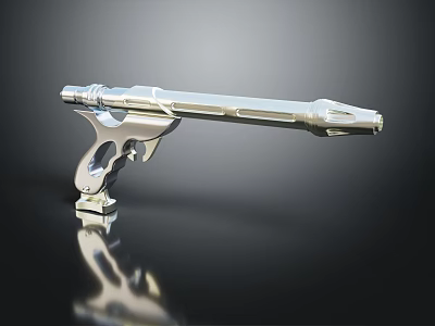 Silver Modern Gun with Long Barrel and Reflection on Black Surface 3d model