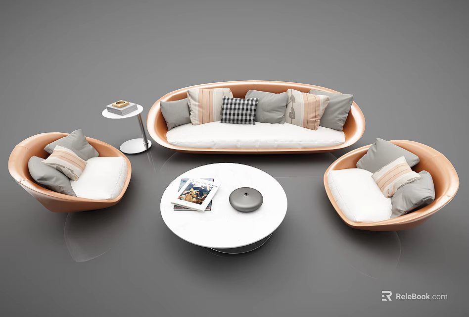 Modern Curved Sofa And Coffee Table Set With Neutral Pillows And Round White Tabletop 3d model