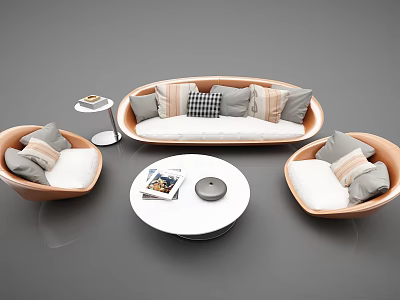 Modern Curved Sofa And Coffee Table Set With Neutral Pillows And Round White Tabletop 3d model