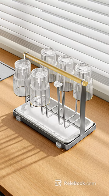 Modern Tableware Storage Set With Transparent Glass Cups And Metal Rack 3d model 