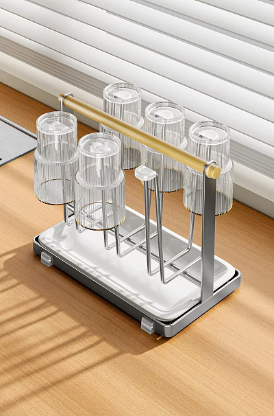 Modern Tableware Storage Set With Transparent Glass Cups And Metal Rack 3d model