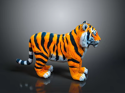 Plush Tiger Toy With Orange Black Stripes And White Paws Standing On Dark Background 3d model