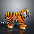 Plush Tiger Toy With Orange Black Stripes And White Paws Standing On Dark Background