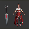 Game Movie Character In White Top Red Skirt With Green Red Headwear And Ringed Blade