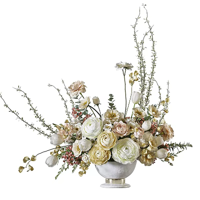 Elegant Floral Arrangement in White Ceramic Vase with Roses Daisies and Green Foliage 3d model