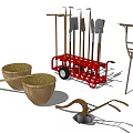Essential Garden Tools Collection With Rakes Shovels Wicker Baskets and Tool Rack