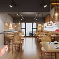 Modern Restaurant Interior With Wooden Tables Chairs Buffet Counter And Red Signs