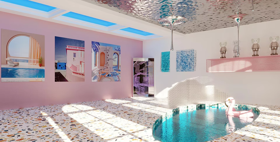 Relaxing Casual Leisure Area With Pink Walls Artworks Silver Ceiling Blue Skylights And Blue Pool 3d model 