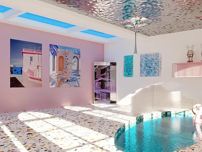 Relaxing Casual Leisure Area With Pink Walls Artworks Silver Ceiling Blue Skylights And Blue Pool 3d model