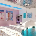Relaxing Casual Leisure Area With Pink Walls Artworks Silver Ceiling Blue Skylights And Blue Pool