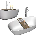 Stylish White Bathtub With Wooden Shelf Red Bottles And Modern Faucet Design