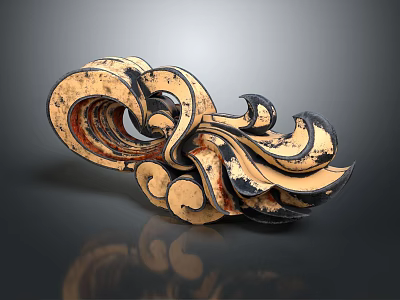 Intricate Wooden Carving With Curved Patterns And Vintage Brown Black Tones 3d model