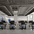 Modern Public Office Space With Spacious Open Layout Exposed Ceiling And Ergonomic Workstations 3d model