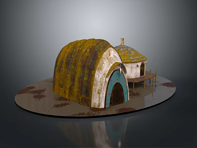Rustic Dome Shaped Building with Yellow Brown Roof Arched Blue Door and Light Walls 3d model