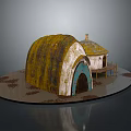 Rustic Dome Shaped Building with Yellow Brown Roof Arched Blue Door and Light Walls