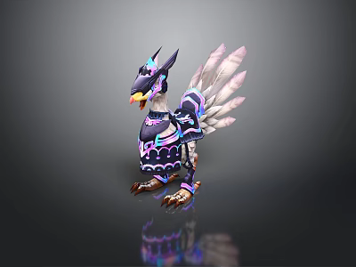 Fantasy Game Movie Character Armored Bird With Purple Black Armor White Pink Wings And Horned Head 3d model