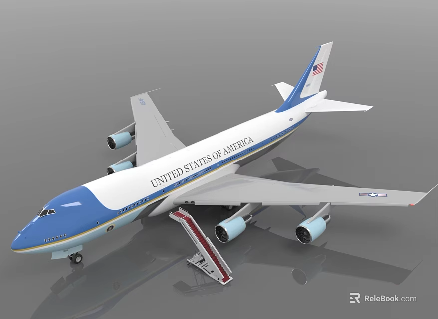United States of America Airliner With Blue Nose White Fuselage Four Engines And Boarding Stairs 3d model 