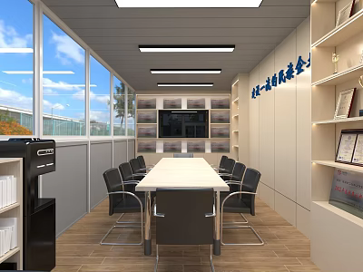 Modern Conference Room With Large Windows Long Table Chairs TV And Bookshelves 3d model