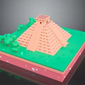 Miniature Step Pyramid Building With Top Small Structure And Green Trees On Pink Base