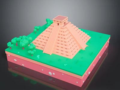 Miniature Step Pyramid Building With Top Small Structure And Green Trees On Pink Base 3d model