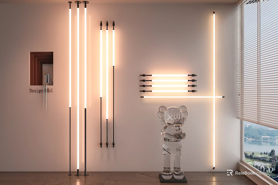 Modern Minimalist Interior With Neon Strip Lights And Transparent Bear Sculpture 3d model 