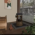 Indoor Scene With Wooden Chair Small Well Bird Figure Window Blinds And Green Plant