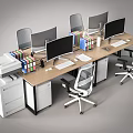 Modern Office Desk With Multiple Computer Monitors Office Chairs Filing Cabinets Printer And File Folders 3d model